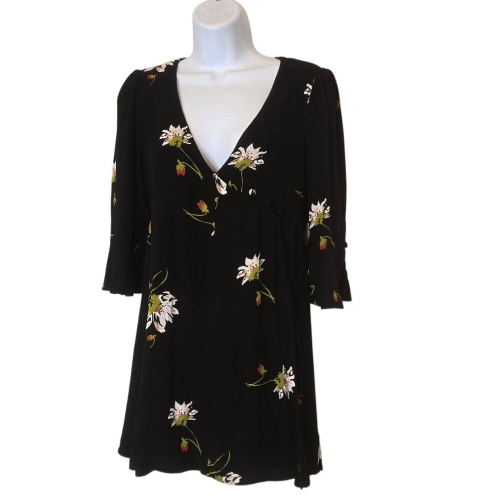 Free People Black Floral Wrap Mini Dress Boho 3/4 Sleeve Butterfly Sz XS